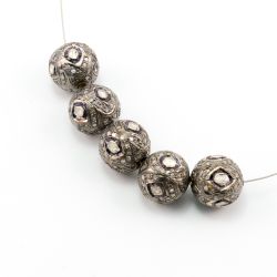 925 Sterling Silver Pave Diamond Beads with Polki Diamond, Roundel Shape-12.00x11.50mm, Black/White Rhodium Plating. Sold By 1 Pcs, F-1511