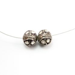 925 Sterling Silver Pave Diamond Beads with Polki Diamond, Roundel Shape-9.00x10.00mm, Black/White Rhodium Plating. Sold By 1 Pcs, F-1512