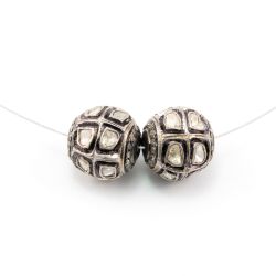 925 Sterling Silver Pave Diamond Beads with Polki Diamond, Roundel Shape-15.00x14.50mm, Black/White Rhodium Plating. Sold By 1 Pcs, F-1514