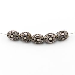925 Sterling Silver Pave Diamond Beads with Polki Diamond, Oval Shape-12.00x9.50mm, Black/White Rhodium Plating. Sold By 1 Pcs, F-1527