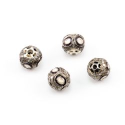 925 Sterling Silver Pave Diamond Bead With Polki Diamonds -9X9.50 MM Size , F-1528