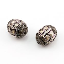 925 Sterling Silver Pave Diamond Beads with Polki Diamond, Oval Shape-18.50x15.00mm, Black/White Rhodium Plating. Sold By 1 Pcs, F-1529