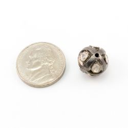 925 Sterling Silver Pave Beads with Polki Diamond, Round Ball Shape-13.00mm, Black/White Rhodium Plating. Sold By 1 Pcs, F-1534