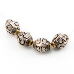 925 Sterling Silver Pave Diamond Beads with Polki Diamond, Drum Shape-18.50x15.00mm, Gold And Black/White Rhodium Plating. Sold By 1 Pcs, F-1542