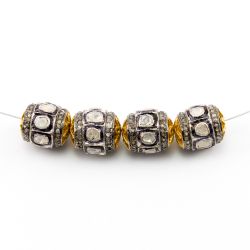 925 Sterling Silver Pave Diamond Beads with Polki Diamond, Drum Shape-15.00x13.00mm, Gold And Black/White Rhodium Plating. Sold By 1 Pcs, F-1544