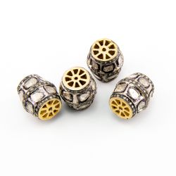 925 Sterling Silver Pave Diamond Beads with Polki Diamond, Drum Shape-19.00x17.50mm, Gold And Black/White Rhodium Plating. Sold By 1 Pcs, F-1552