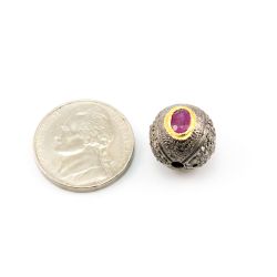 925 Sterling Silver Pave Diamond Beads with Ruby Stone, Round Ball Shape-13.50x13.50mm, Gold And Black Rhodium Plating. Sold By 1 Pcs, F-1560