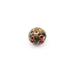 925 Sterling Silver Pave Diamond Beads - Ruby Stone(13.50X14MM) - F-1563