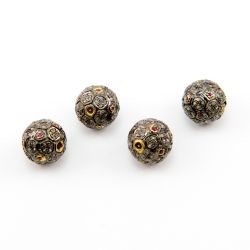 925 Sterling Silver Pave Diamond Beads In Round Ball Shape, 14X14MM Size ,  F-1566