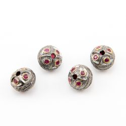 925 Sterling Silver Pave Diamond Beads with Ruby Stone, Roundel Shape-11.00x12.50mm, Gold And Black Rhodium Plating. Sold By 1 Pcs, F-1567