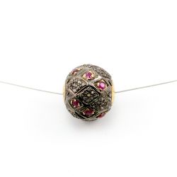 925 Sterling Silver Pave Diamond Beads Studded With Ruby Stone - 17.50X16mm Size ,  F-1575