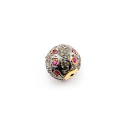 925 Sterling Silver Pave Diamond Beads with Ruby Stone, Roundel Shape-15.00x16.00mm, Gold And Black Rhodium Plating. Sold By 1 Pcs, F-1576