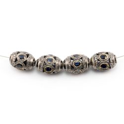 925 Sterling Silver Pave Diamond Beads With Sapphire Stone - 15.50X11MM , F-1602