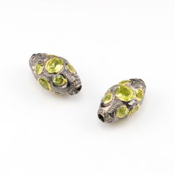 925 Sterling Silver Pave Diamond Beads - Peridot Stone (17X10MM) ,  F-1616