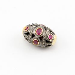 925 Sterling Silver Pave Diamond Beads Studded With Ruby Stone - 19X12.50MM ,  F-1622
