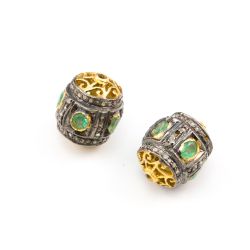 925 Sterling Silver Pave Diamond Beads with Emerald Stone, Drum Shape-15.00x12.00mm, Gold And Black Rhodium Plating. Sold By 1 Pcs, F-1629