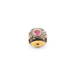 925 Sterling Silver Pave Diamond Beads - Ruby Stone (10X9MM ) , F-1647