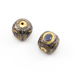 925 Sterling Silver Pave Diamond Beads with Sapphire Stone, Cube Shape-16.00x16.00mm, Gold And Black Rhodium Plating. Sold By 1 Pcs, F-1649