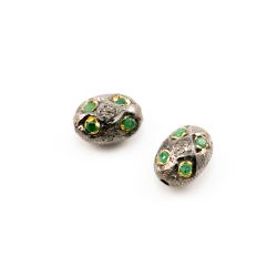 925 Sterling Silver Pave Diamond Beads with Emerald Stone, Oval Shape-12.00x9.00x7.00mm, Gold And Black Rhodium Plating. Sold By 1 Pcs, F-1654