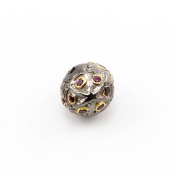 925 Sterling Silver Pave Diamond Beads with Tourmaline Stone, Roundel Shape-16.00x14.50mm, Gold And Black Rhodium Plating. Sold By 1 Pcs, F-1665