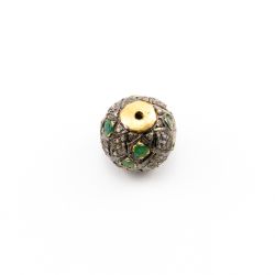 925 Sterling Silver Pave Diamond Beads with Emerald Stone, Roundel Shape-15.00x16.50mm, Gold And Black Rhodium Plating. Sold By 1 Pcs, F-1668