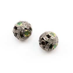 925 Sterling Silver Pave Diamond Beads with Emerald Stone, Round Ball Shape-12.00mm, Gold And Black Rhodium Plating. Sold By 1 Pcs, F-1671