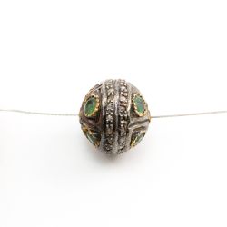 925 Sterling Silver Pave Diamond Beads with Emerald Stone, Oval Shape-23.00x13.00x11.00mm, Gold And Black Rhodium Plating. Sold By 1 Pcs, F-1677