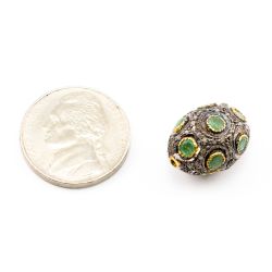 925 Sterling Silver Pave Diamond Beads with Emerald Stone, Oval Shape-18.00x13.00x12.00mm, Gold And Black Rhodium Plating. Sold By 1 Pcs, F-1684A