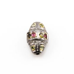 925 Sterling Silver Pave Diamond Beads with multi Tourmaline Stone, Oval Shape-26.00x16.00x12.00mm, Gold And Black Rhodium Plating. Sold By 1 Pcs, F-1699