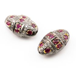 925 Sterling Silver Pave Diamond Beads with Ruby Stone, Oval Shape-27.00x12.00x16.00mm, Gold And Black Rhodium Plating. Sold By 1 Pcs, F-1700