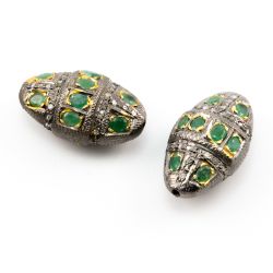 925 Sterling Silver Pave Diamond Beads with Emerald Stone, Oval Shape-27.00x12.00x16.00mm, Gold And Black Rhodium Plating. Sold By 1 Pcs, F-1701