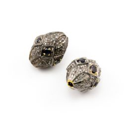 925 Sterling Silver Pave Diamond Beads with Sapphire Stone, Drum Shape-20.00x15.50mm, Gold And Black Rhodium Plating. Sold By 1 Pcs, F-1709