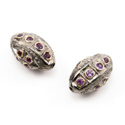 925 Sterling Silver Pave Diamond Beads with Amethyst Stone, Drum Shape-23.50x14.00mm, Gold And Black Rhodium Plating. Sold By 1 Pcs, F-1713