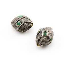 925 Sterling Silver Pave Diamond Beads with Emerald Stone, Drum Shape-20.00x15.00mm, Gold And Black Rhodium Plating. Sold By 1 Pcs, F-1718
