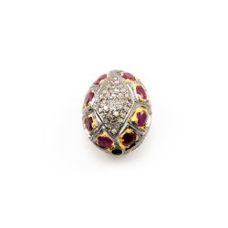 925 Sterling Silver Pave Diamond Beads with Ruby Stone, Oval Shape-21.00x17.00x13.50mm, Gold And Black Rhodium Plating. Sold By 1 Pcs, F-1720