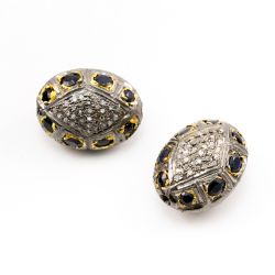 925 Sterling Silver Pave Diamond Beads with Sapphire Stone, Oval Shape-21.50x16.50x13.00mm, Gold And Black Rhodium Plating. Sold By 1 Pcs, F-1721