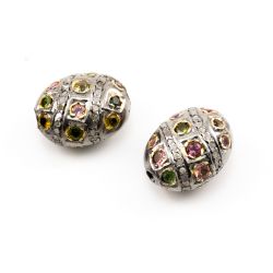 925 Sterling Silver Pave Diamond Beads with Multi Tourmaline Stone, Oval Shape-20.00x16.00x11.00mm, Gold And Black Rhodium Plating. Sold By 1 Pcs, F-1723