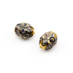 925 Sterling Silver Pave Diamond Beads with Iolite Stone, Oval Shape-13.00x10.00x12.00mm, Gold And Black Rhodium Plating. Sold By 1 Pcs, F-1730