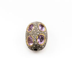 925 Sterling Silver Pave Diamond Beads with Pink Amethyst Stone, Oval Shape-23.00x16.00x13.00mm, Gold And Black Rhodium Plating. Sold By 1 Pcs, F-1740