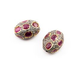 925 Sterling Silver Pave Diamond Beads with Ruby Stone, Oval Shape-24.00x17.50x13.00mm, Gold And Black Rhodium Plating. Sold By 1 Pcs, F-1743