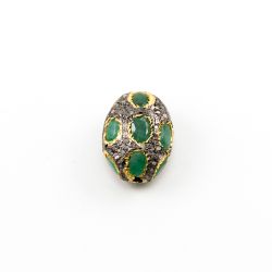 925 Sterling Silver Pave Diamond Beads with Emerald Stone, Oval Shape-24.00x17.50x13.00mm, Gold And Black Rhodium Plating. Sold By 1 Pcs, F-1744