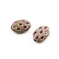 925 Sterling Silver Pave Diamond Beads with Ruby Stone, Oval Shape-24.50x17.0x9.50mm, Gold And Black Rhodium Plating. Sold By 1 Pcs, F-1757