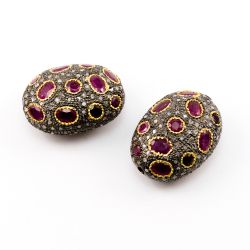 925 Sterling Silver Pave Diamond Beads with Ruby Stone, Oval Shape-29.00x21.00x24.00mm, Gold And Black Rhodium Plating. Sold By 1 Pcs, F-1771