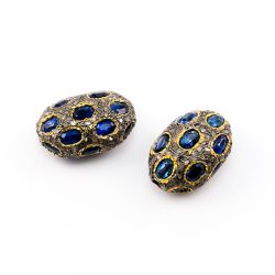 925 Sterling Silver Pave Diamond Beads with Kyanite Stone, Oval Shape-23.00x15.00x11.50mm, Gold And Black Rhodium Plating. Sold By 1 Pcs, F-1773