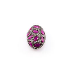 925 Sterling Silver Pave Diamond Beads with Ruby Stone, Oval Shape-24.00x16.50x11.00mm, Gold And Black Rhodium Plating. Sold By 1 Pcs, F-1779