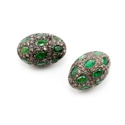 925 Sterling Silver Pave Diamond Beads with Emerald Stone, Drum Shape-22.00x15.00mm, Gold And Black Rhodium Plating. Sold By 1 Pcs, F-1782
