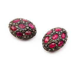 925 Sterling Silver Pave Diamond Beads with Ruby Stone, Oval Shape-21.00x16.00x10.00mm, Gold And Black Rhodium Plating. Sold By 1 Pcs, F-1790