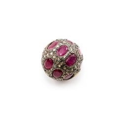925 Sterling Silver Pave Diamond Beads with Ruby Stone, Round Ball Shape-17.50mm, Gold And Black Rhodium Plating. Sold By 1 Pcs, F-1797