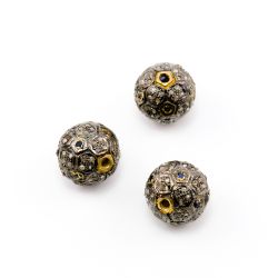 925 Sterling Silver Pave Diamond Beads with Sapphire Stone, Round Shape-14.00mm, Gold And Black Rhodium Plating. Sold By 1 Pcs, F-1807