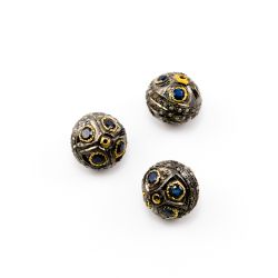 925 Sterling Silver Pave Diamond Beads with Sapphire Stone, Roundel Shape-12.50x13.00mm, Gold And Black Rhodium Plating. Sold By 1 Pcs, F-1808